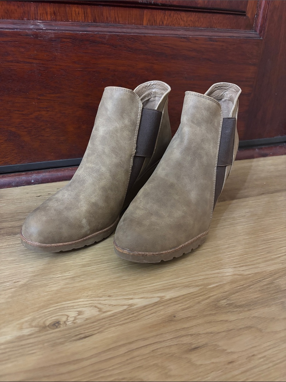 Women's Taupe Ankle Booties with Elastic Side Panels